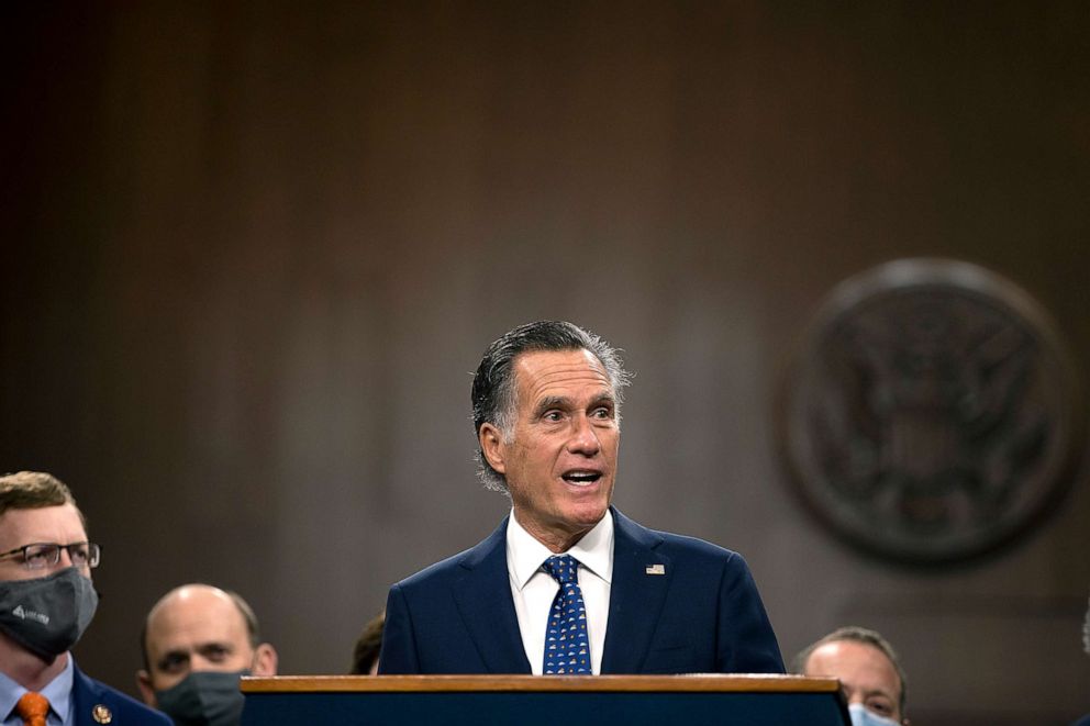 PHOTO: Sen. Mitt Romney speaks alongside a bipartisan group of Democrat and Republican members of Congress as they announce a proposal for a COVID-19 relief bill on Capitol Hill, Dec. 1, 2020.