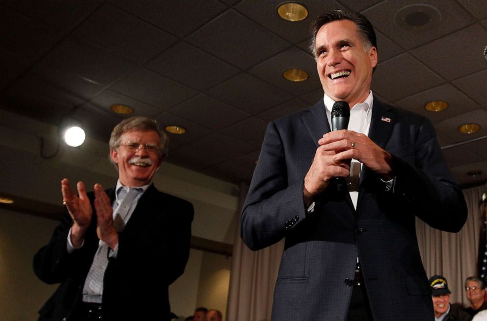 PHOTO: In this Jan. 13, 2012, file photo, Republican presidential candidate, former Massachusetts Gov. Mitt Romney, campaigns with former United Nations ambassador John Bolton in Hilton Head, S.C.