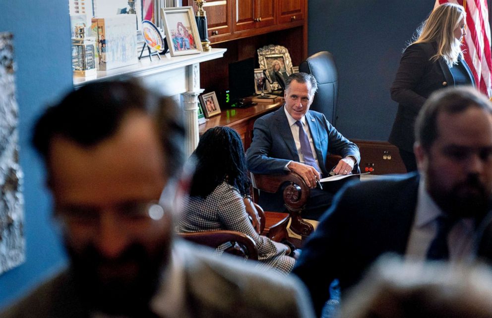 PHOTO: Supreme Court nominee Ketanji Brown Jackson meets with Sen. Mitt Romney in his office on Capitol Hill, March 29, 2022, in Washington, D.C.