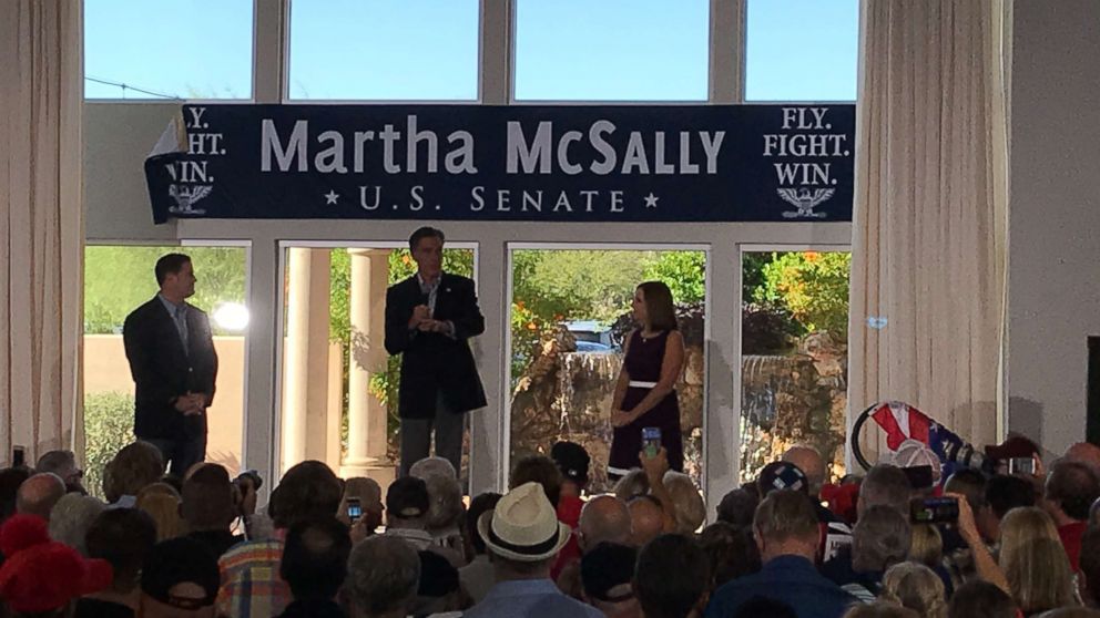PHOTO: Mitt Romney campaigns for fellow Senate hopeful, Rep. Martha McSally, in Gilbert, Arizona on Friday October 12, 2018.