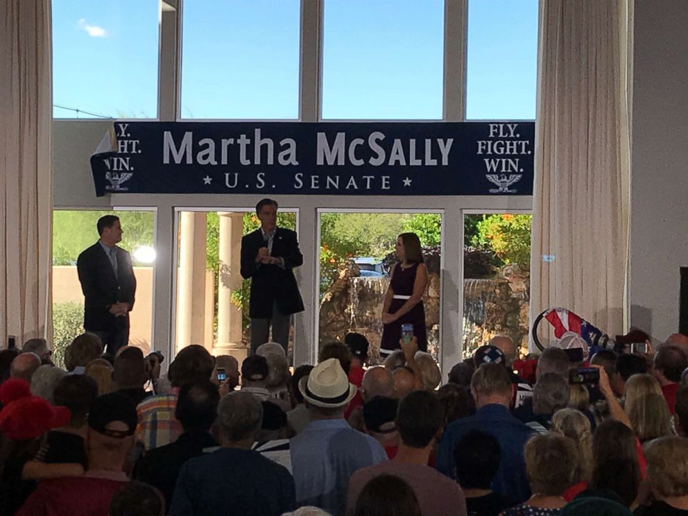 PHOTO: Mitt Romney campaigns for fellow Senate hopeful, Rep. Martha McSally, in Gilbert, Arizona on Friday October 12, 2018.