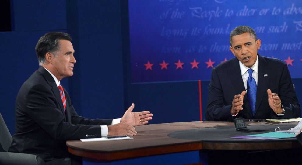 PHOTO: President Barack Obama and Republican presidential candidate Mitt Romney participate in the third and final presidential debate at Lynn University in Boca Raton, Florida, Oct. 22, 2012.