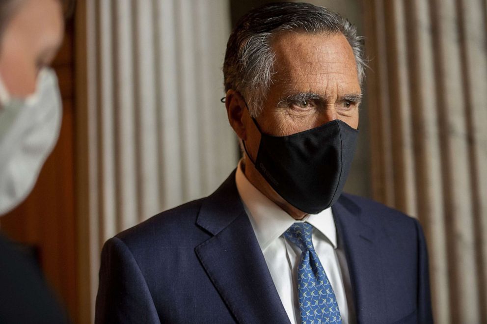 PHOTO: Sen. Mitt Romney speaks with reporters before the Republican luncheon on Capitol Hill, Sept. 14, 2021.