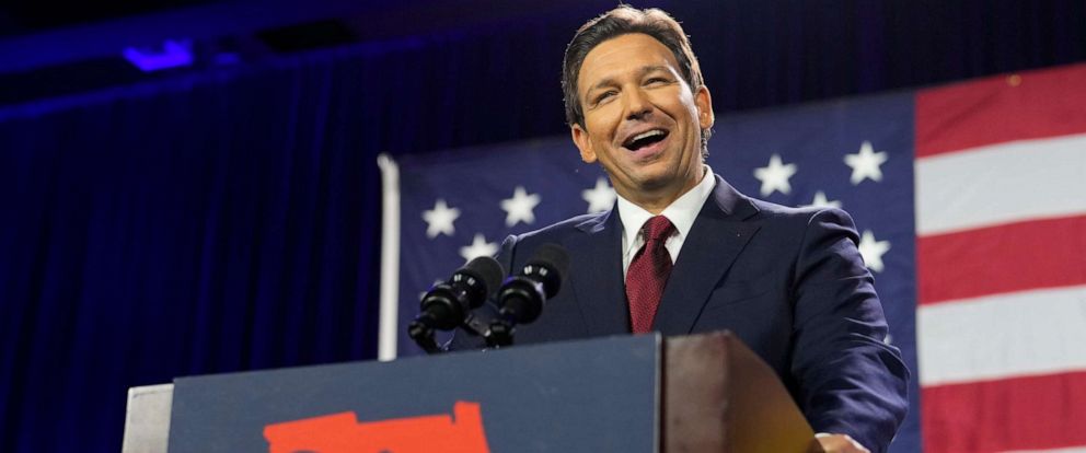 PHOTO: Incumbent Florida Republican Gov. Ron DeSantis speaks to supporters at an election night party after winning his race for reelection, Nov. 8, 2022, in Tampa, Fla.