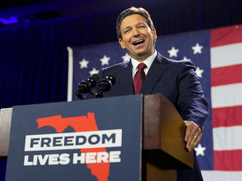 PHOTO: Incumbent Florida Republican Gov. Ron DeSantis speaks to supporters at an election night party after winning his race for reelection, Nov. 8, 2022, in Tampa, Fla.