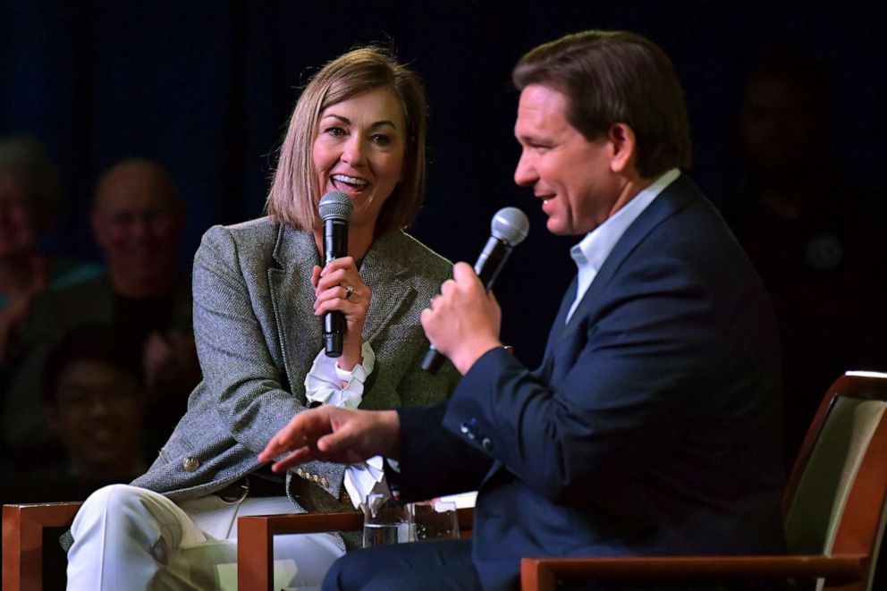 PHOTO: Florida Gov. Ron DeSantis speaks at a campaign event with Iowa Gov. Kim Reynolds, Mar. 10, 2023, in Davenport, Iowa.