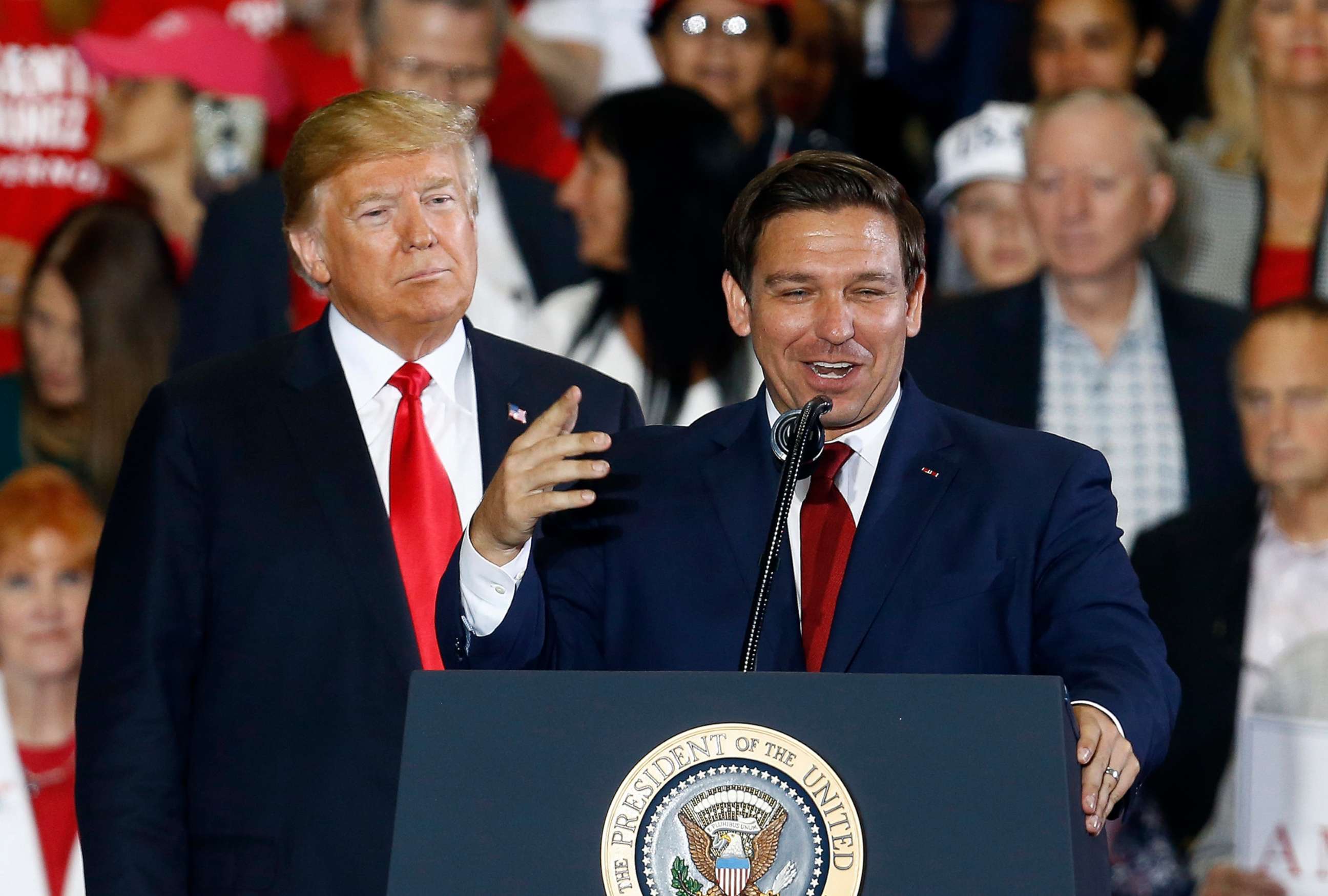 PHOTO: Gubernatorial candidate Ron DeSantis speaks at a rally with President Donald Trump, Nov. 3, 2018, in Pensacola, Fla.