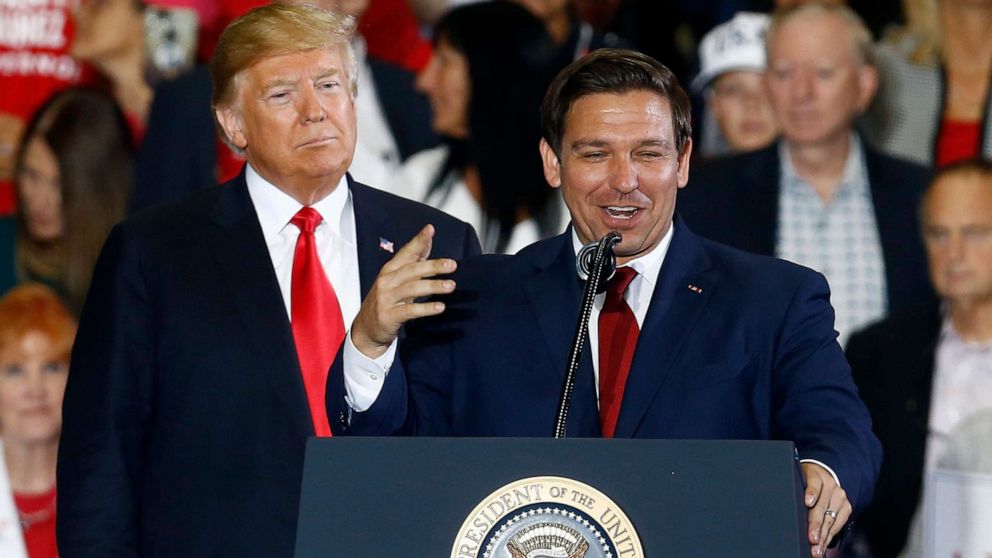 PHOTO: Gubernatorial candidate Ron DeSantis speaks at a rally with President Donald Trump, Nov. 3, 2018, in Pensacola, Fla.