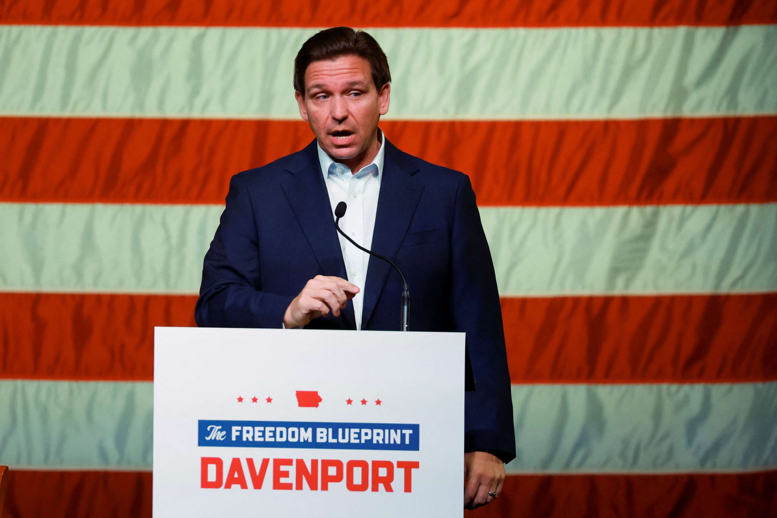 PHOTO: Florida Gov. Ron DeSantis makes his first trip to the early voting state of Iowa for a book tour stop at the Rhythm City Casino Resort in Davenport, Iowa, Mar. 10, 2023.