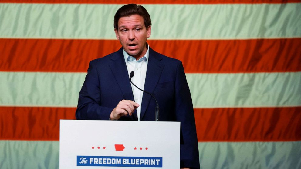 PHOTO: Florida Gov. Ron DeSantis makes his first trip to the early voting state of Iowa for a book tour stop at the Rhythm City Casino Resort in Davenport, Iowa, Mar. 10, 2023.
