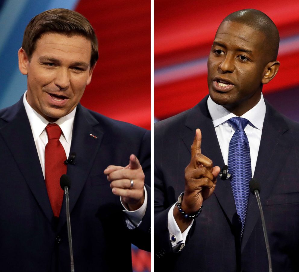 PHOTO: A combination photo of Florida Republican gubernatorial candidate Ron DeSantis (L), and  Democratic gubernatorial candidate Andrew Gillum during a CNN debate in Tampa, Fla., Oct. 21, 2018.