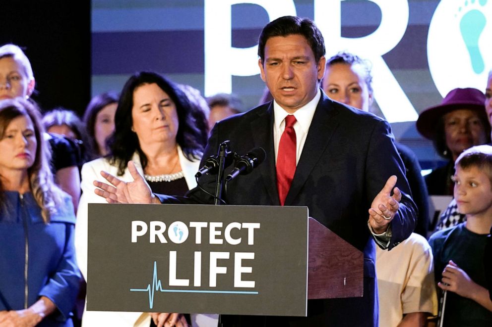 PHOTO: Florida Gov. Ron DeSantis speaks to supporters before signing a 15-week abortion ban into law, April 14, 2022, in Kissimmee, Fla.