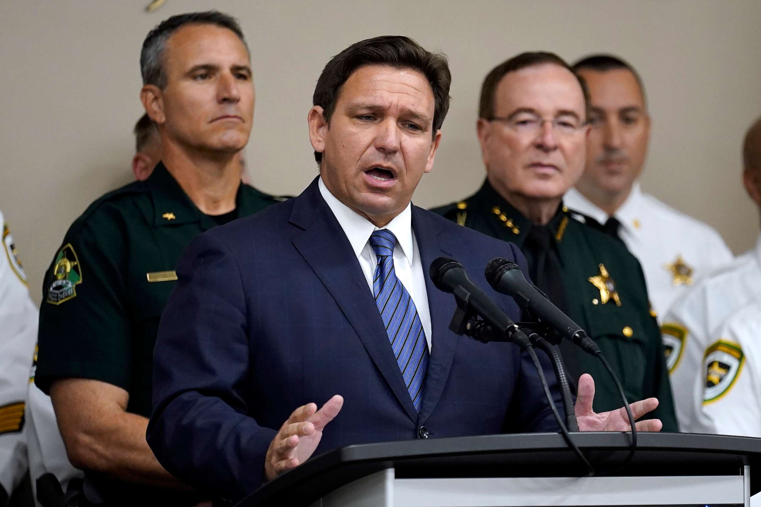 PHOTO: Florida Gov. Ron DeSantis gestures as he speaks during a news conference, Aug. 4, 2022, in Tampa, Fla. 
