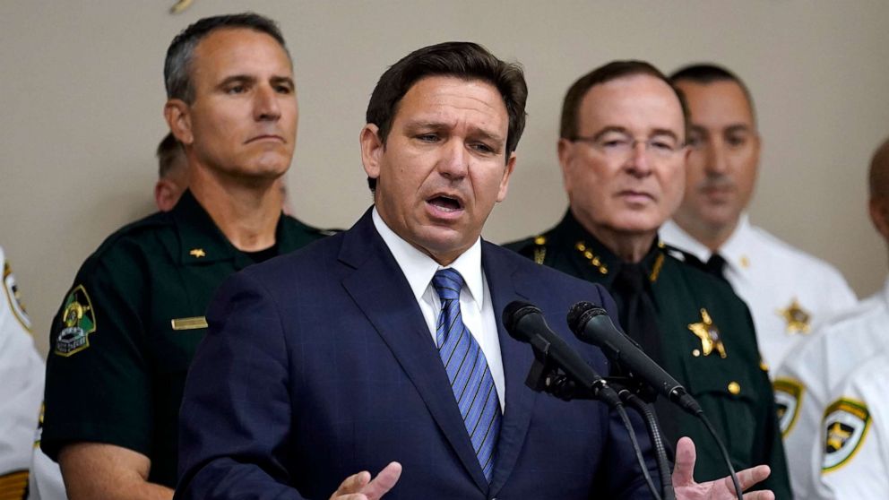 PHOTO: Florida Gov. Ron DeSantis gestures as he speaks during a news conference, Aug. 4, 2022, in Tampa, Fla. 