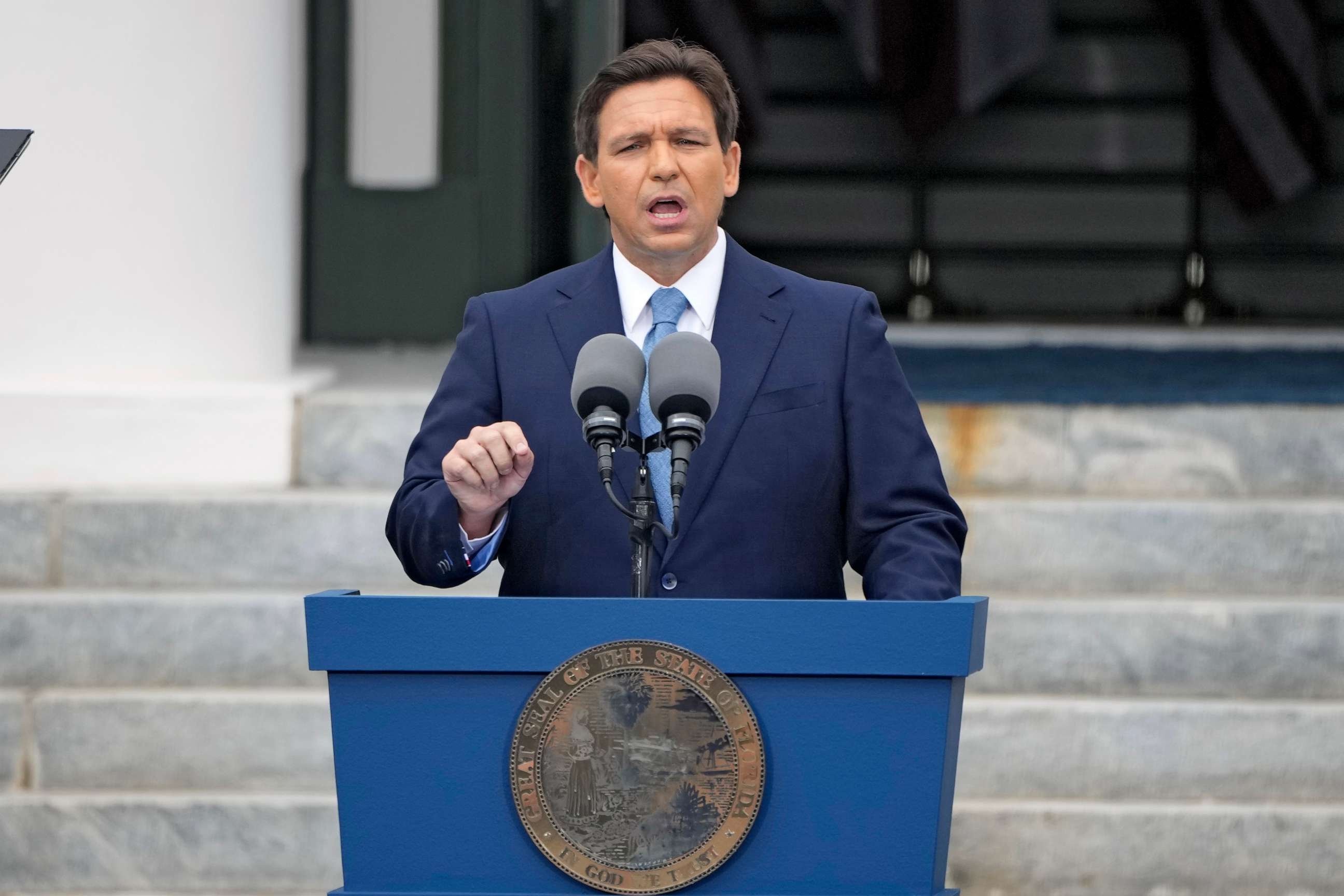 PHOTO: Florida Gov. Ron DeSantis speaks to the crowd after being sworn in to begin his second term during an inauguration ceremony outside the Old Capitol on Jan. 3, 2023, in Tallahassee, Fla.