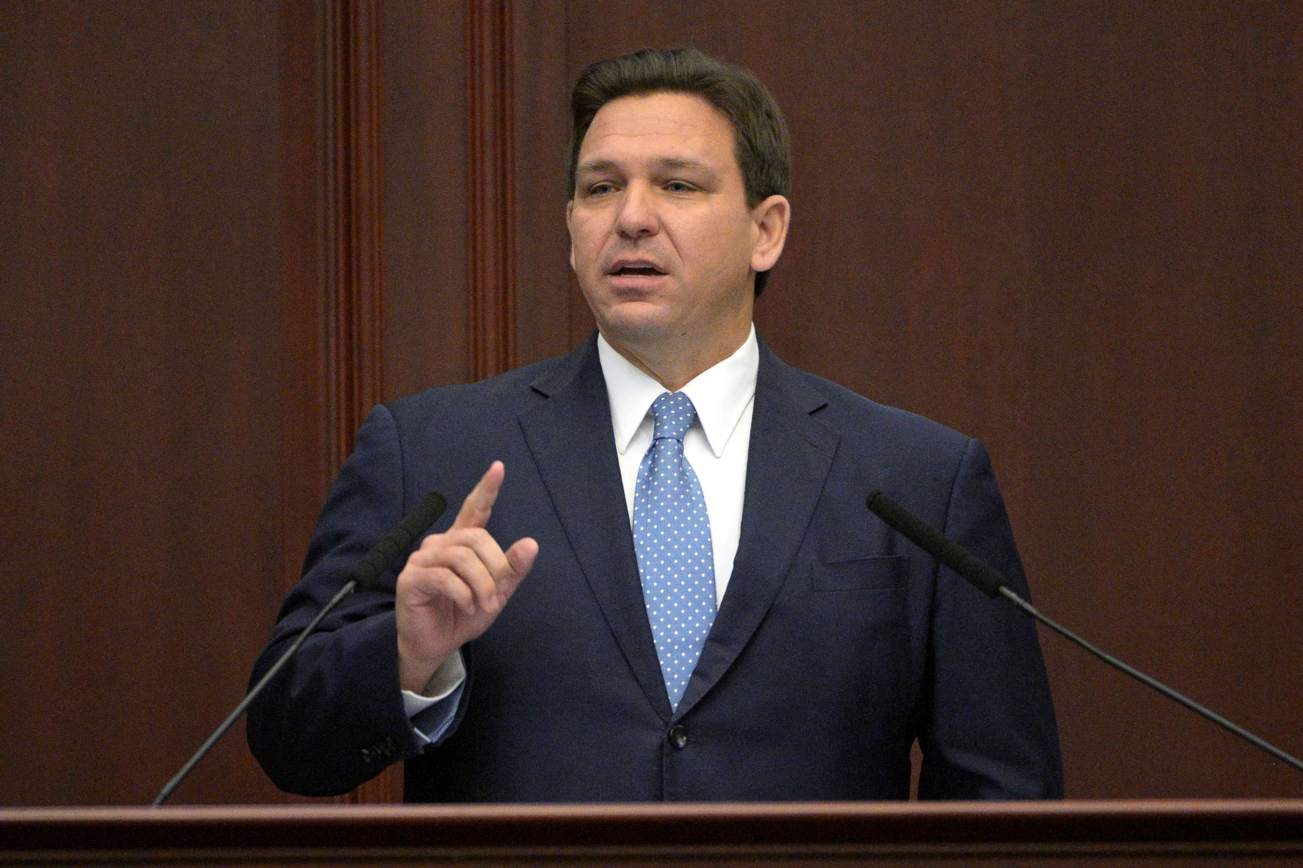 PHOTO: Florida Gov. Ron DeSantis addresses a joint session of a legislative session, Jan. 11, 2022, in Tallahassee, Fla.