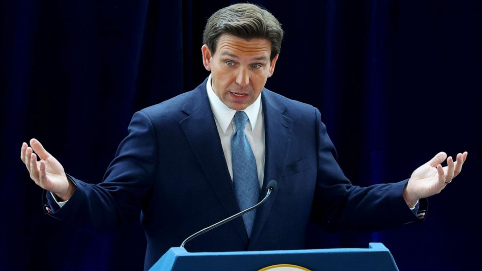 PHOTO: Florida Governor Ron DeSantis speaks about his new book "The Courage to Be Free" in the Air Force One Pavilion at the Ronald Reagan Presidential Library on March 5, 2023 in Simi Valley, Calif.