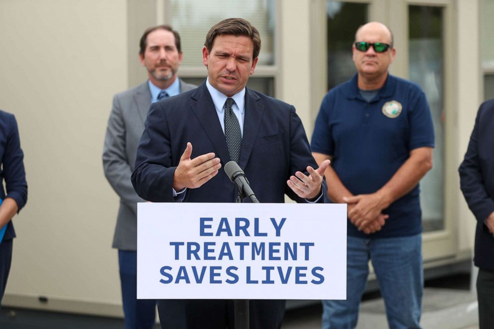 PHOTO: Florida Gov. Ron DeSantis speaks at a press conference at Camping World Stadium in Orlando, Fla., on Aug. 16, 2021.