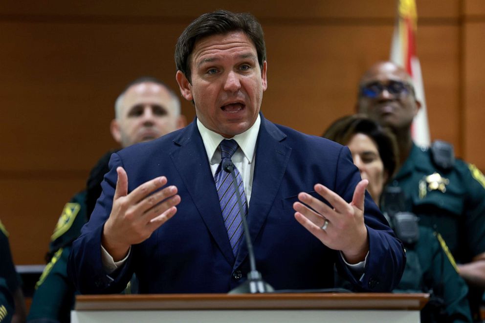 PHOTO: Florida Governor Ron DeSantis speaks during a press conference at the Broward County Courthouse on August 18, 2022 in Fort Lauderdale, Florida.