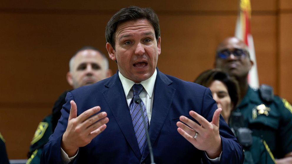PHOTO: Florida Gov. Ron DeSantis speaks during a press conference held at the Broward County Courthouse, on August 18, 2022 in Fort Lauderdale, Florida.
