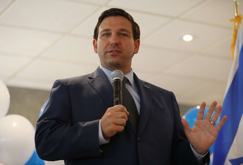 PHOTO: Republican gubernatorial candidate Ron DeSantis speaks during a campaign rally at Mo's Bagels restaurant in Miami, Oct. 23, 2018.