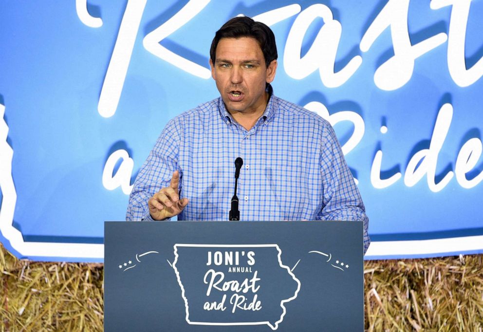 PHOTO: Republican presidential candidate and Florida Governor Ron DeSantis speaks at the "Roast and Ride" event hosted by U.S. Senator Joni Ernst while campaigning in Des Moines, Iowa, June 3, 2023.