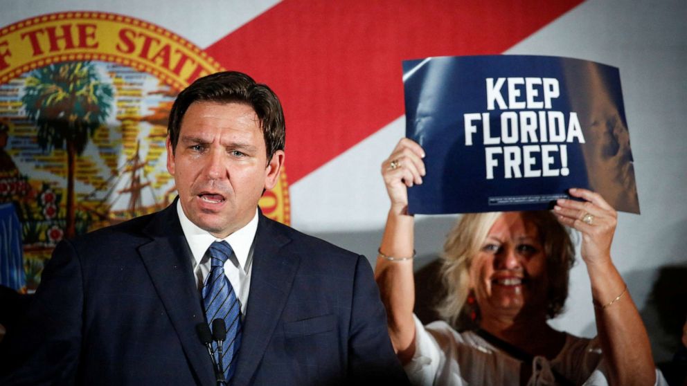 PHOTO: Florida Governor Ron DeSantis speaks at the Republican Party of Florida Night Watch Party during the primary election, in Hialeah, Florida, Aug. 23, 2022.