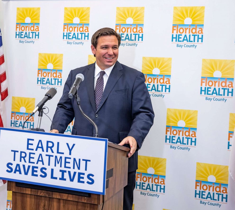 PHOTO: Gov. Ron DeSantis smiles as he talks about success stories he has been hearing from people who have benefitted from Covid-19 antibody therapy, at the Bay Co. Health Department in Panama City, Fla., Aug. 30, 2021.