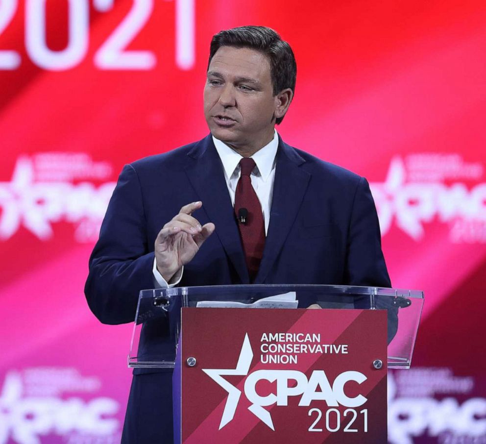 PHOTO: Florida Gov. Ron DeSantis speaks at the opening of the Conservative Political Action Conference at the Hyatt Regency on Feb. 26, 2021 in Orlando, Fla.