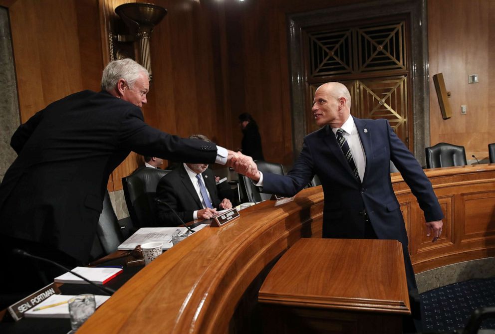 PHOTO: Ronald D. Vitiello nominee to be assistant Homeland Security secretary for Immigration and Customs Enforcement, greets committee chairman Sen. Ron Johnson prior to Vitiello testifying at a hearing held by the e Nov. 15, 2018 in Washington, D.C.