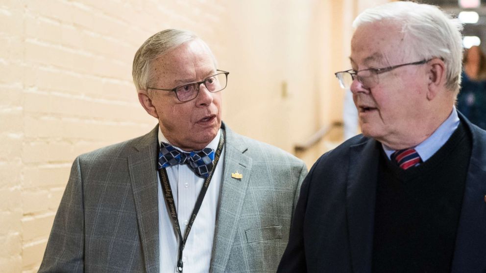 Rep.-elect Ron Wright and Rep. Joe Barton arrive for the House Republican leadership elections forum in the Capitol on Nov. 13, 2018.