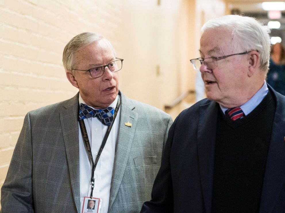 PHOTO: Rep.-elect Ron Wright and Rep. Joe Barton arrive for the House Republican leadership elections forum in the Capitol on Nov. 13, 2018.
