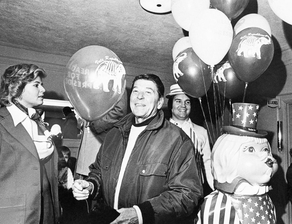 PHOTO: Ronald Reagan stopped at Dixville Notch, Jan 6  1976, on his campaign tour of New Hampshire and was presented with campaign balloons made by workers of the town.
