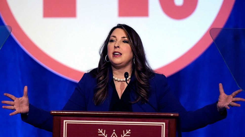 PHOTO: Ronna McDaniel, the GOP chairwoman, speaks during the Republican National Committee winter meeting, Feb. 4, 2022, in Salt Lake City.