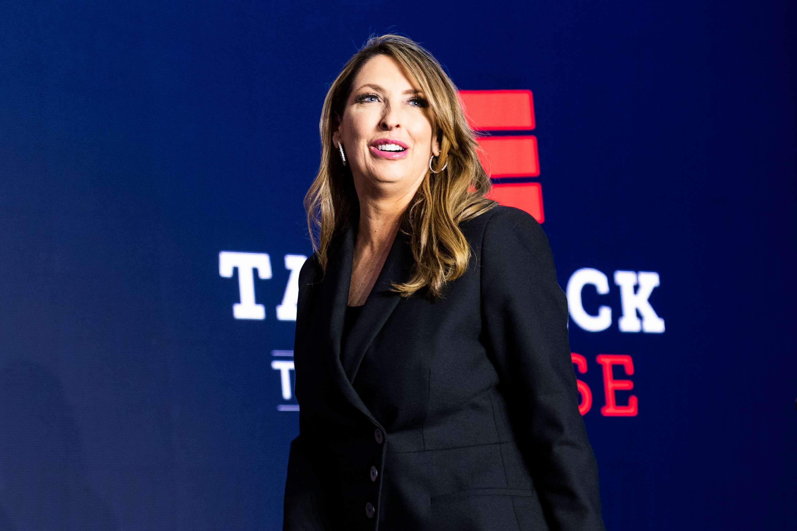 PHOTO: Ronna McDaniel, chairwoman of the Republican National Committee, takes the stage before House Minority Leader Kevin McCarthy at The Westin Washington hotel, Nov. 8, 2022, in Washington.