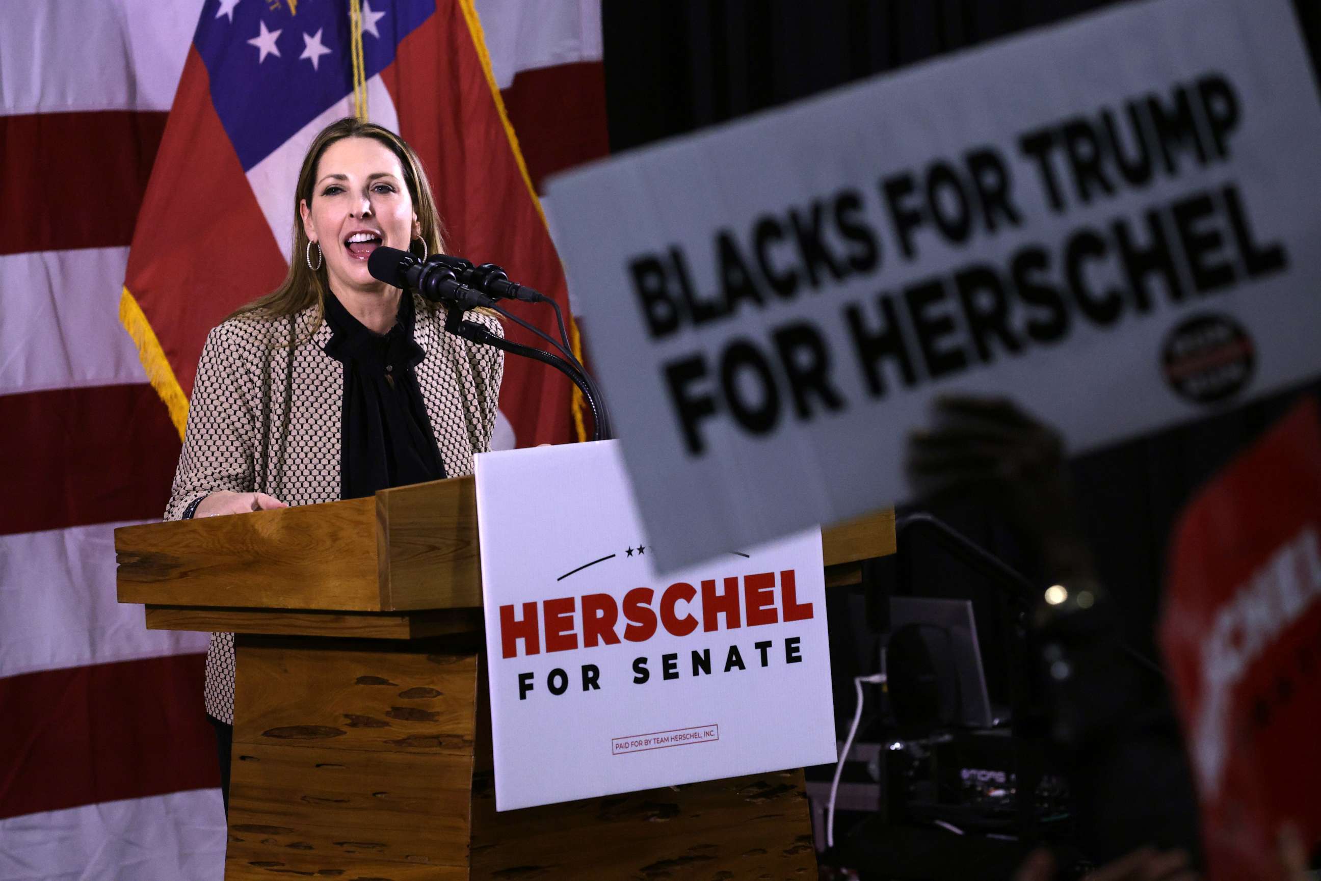 PHOTO: Republican National Committee Chair Ronna McDaniel speaks during a campaign rally for Georgia Republican senate candidate Herschel Walker on December 5, 2022 in Kennesaw, Georgia.