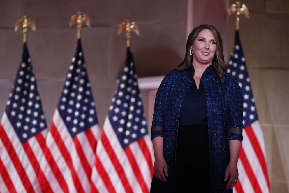 PHOTO: Chair of the Republican National Committee Ronna McDaniel stands on stage in the the Mellon Auditorium while addressing the Republican National Convention on Aug. 24, 2020. in Washington.