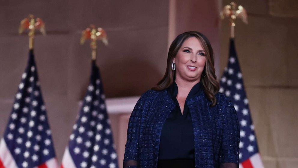 PHOTO: Chair of the Republican National Committee Ronna McDaniel stands on stage in the the Mellon Auditorium while addressing the Republican National Convention on Aug. 24, 2020. in Washington.