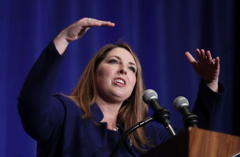 PHOTO: Ronna Romney McDaniel, chairman of the Republican National Committee, speaks at the Indiana Republican Party Fall Dinner in Indianapolis, Oct. 12, 2018.