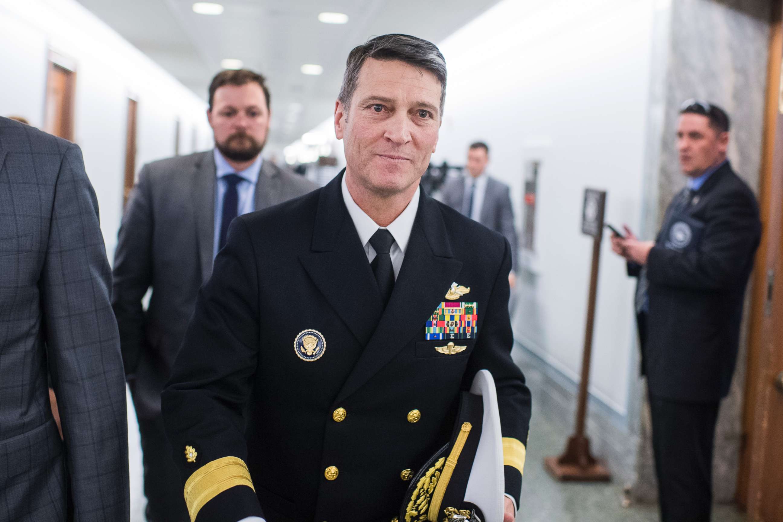 PHOTO: Rear Adm. Ronny Jackson, leaves Dirksen Building after a meeting on Capitol Hill with Sen. Jerry Moran, on April 24, 2018.