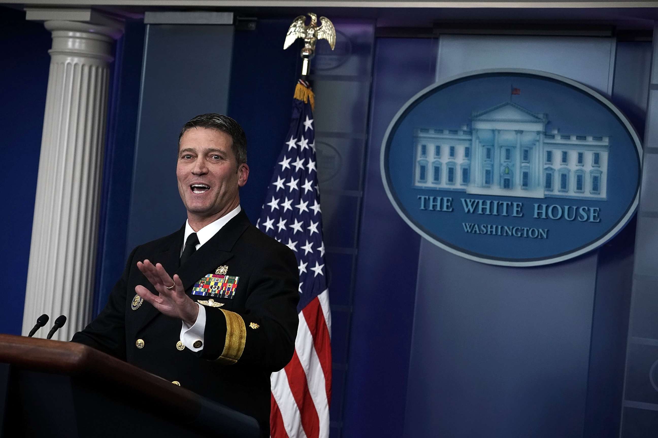 PHOTO: Physician to President Donald Trump, Dr. Ronny Jackson speaks during the daily White House press briefing at the James Brady Press Briefing Room of the White House, Jan. 16, 2018, in Washington.