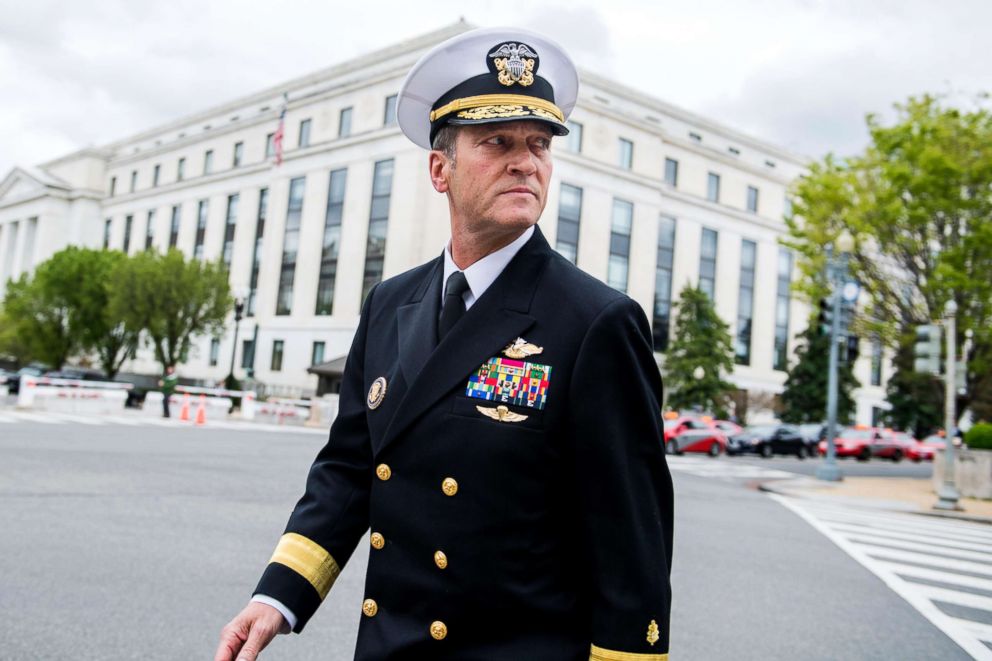 PHOTO: Rear Adm. Ronny Jackson, nominee for Veterans Affairs secretary, leaves the Dirksen Building after a meeting on Capitol Hill with Sen. Jerry Moran on April 24, 2018.