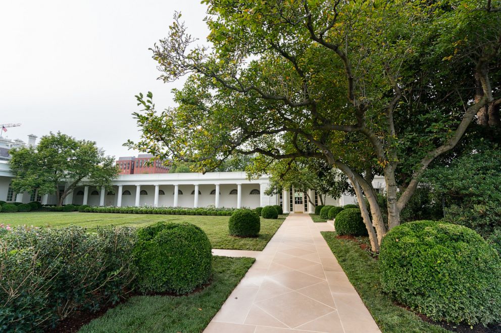 PHOTO: The White House Rose Garden after a restoration conducted by first lady Melania Trump was completed, Aug. 21, 2020.