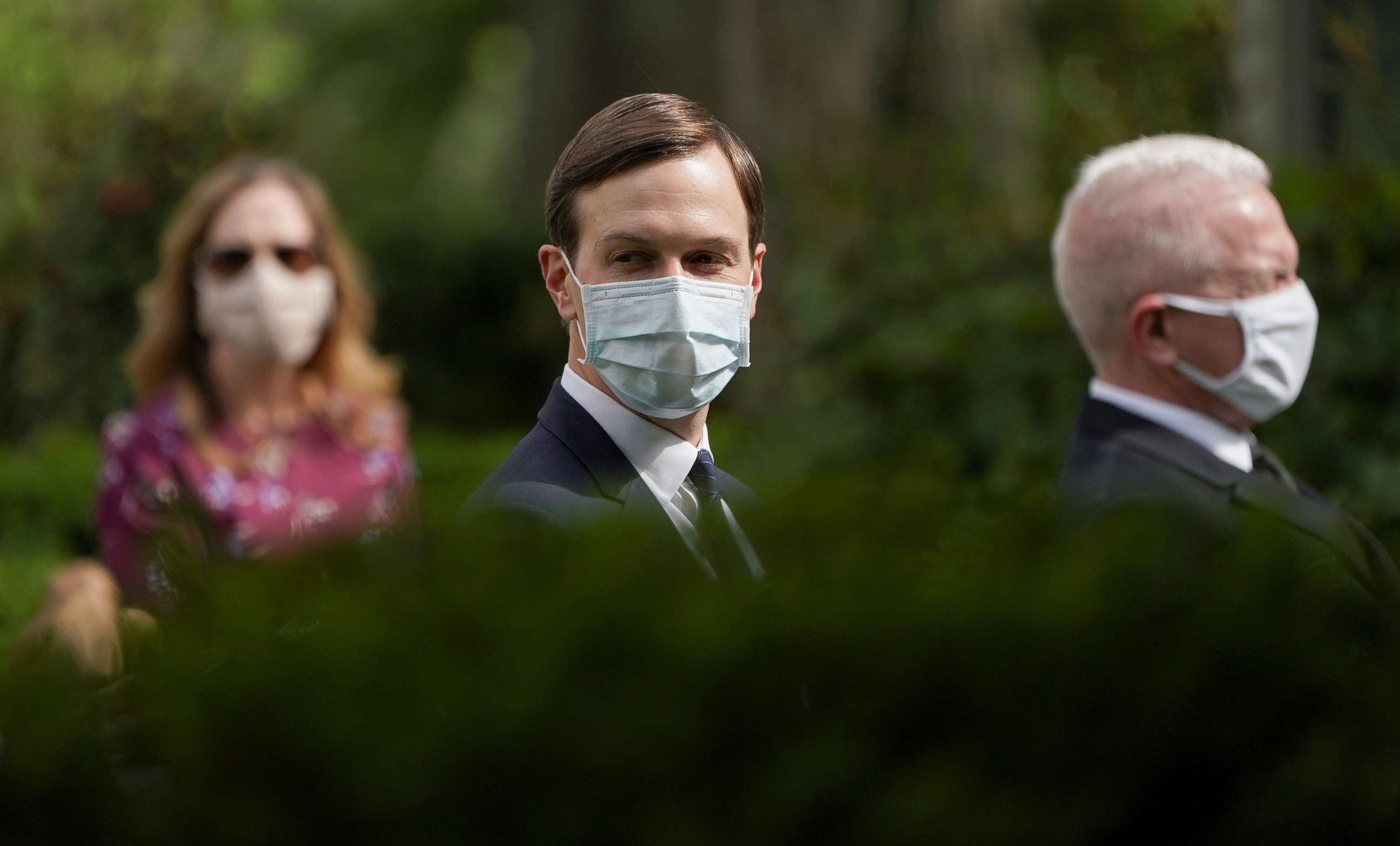 PHOTO: White House senior advisor to the president Jared Kushner wears a protective face mask in the Rose Garden before President Donald Trump holds a coronavirus disease (COVID-19) outbreak response press briefing at the White House, May 11, 2020. 