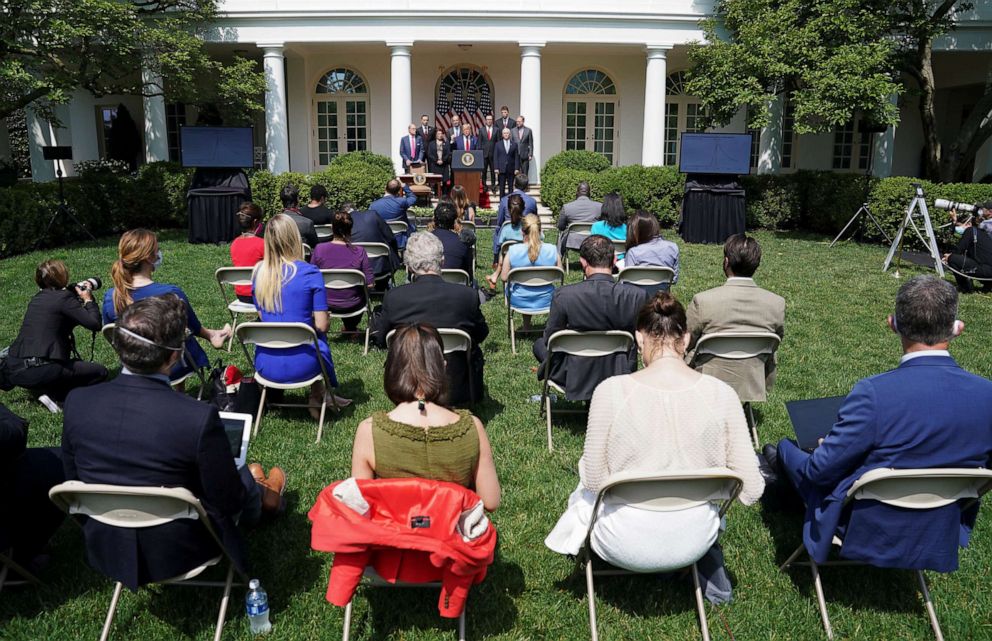 PHOTO: President Donald Trump speaks in the Rose Garden of the White House as journalists are seated close together amid the outbreak of coronavirus in Washington, June 5, 2020.
