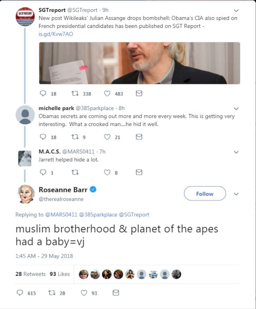 PHOTO: Roseanne Barr posted a tweet on May 29, 2018 that read, "muslim brotherhood & planet of the apes had a baby=vj."