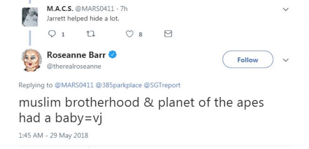 PHOTO: Roseanne Barr posted a tweet on May 29, 2018 that read, muslim brotherhood & planet of the apes had a baby=vj.