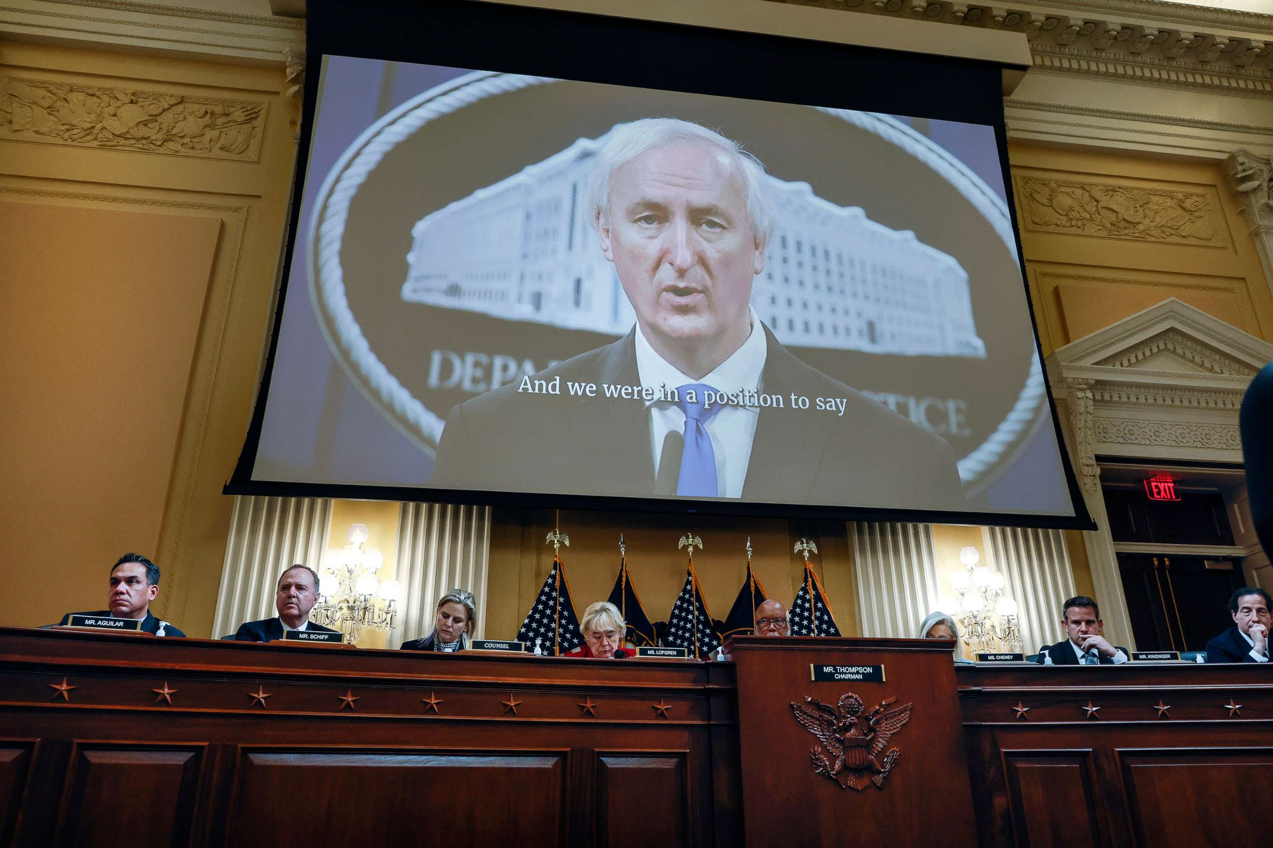 PHOTO: A video featuring former acting Attorney General Jeffrey Rosen is played during a hearing by the Select Committee to Investigate the January 6 attack on the U.S. Capitol, June 13, 2022, in Washington, D.C.