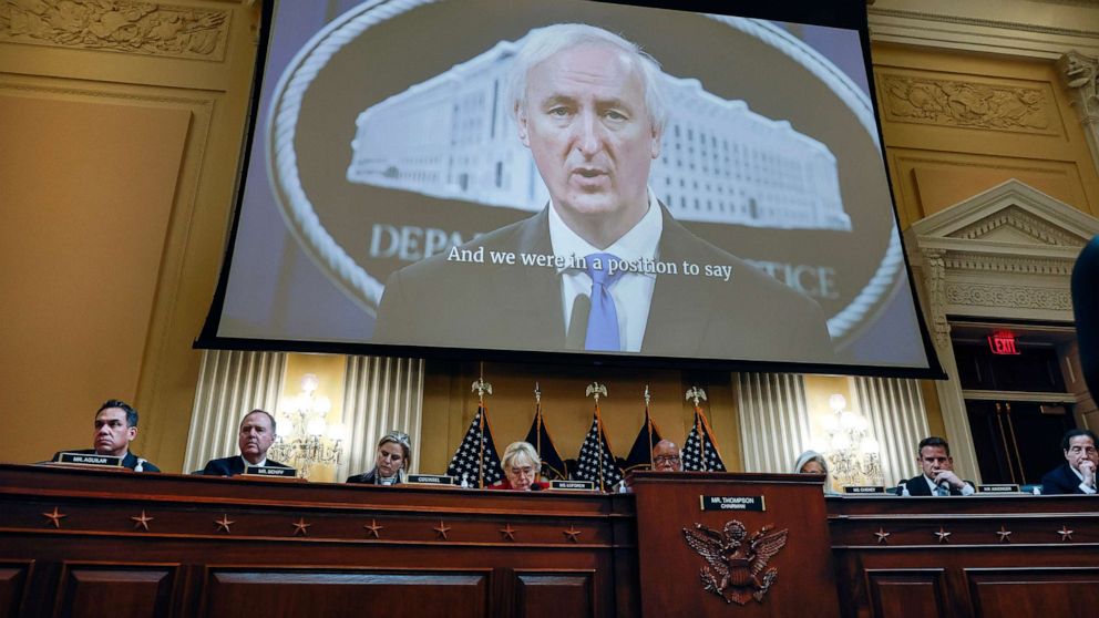 PHOTO: A video featuring former acting Attorney General Jeffrey Rosen is played during a hearing by the Select Committee to Investigate the January 6 attack on the U.S. Capitol, June 13, 2022, in Washington, D.C.