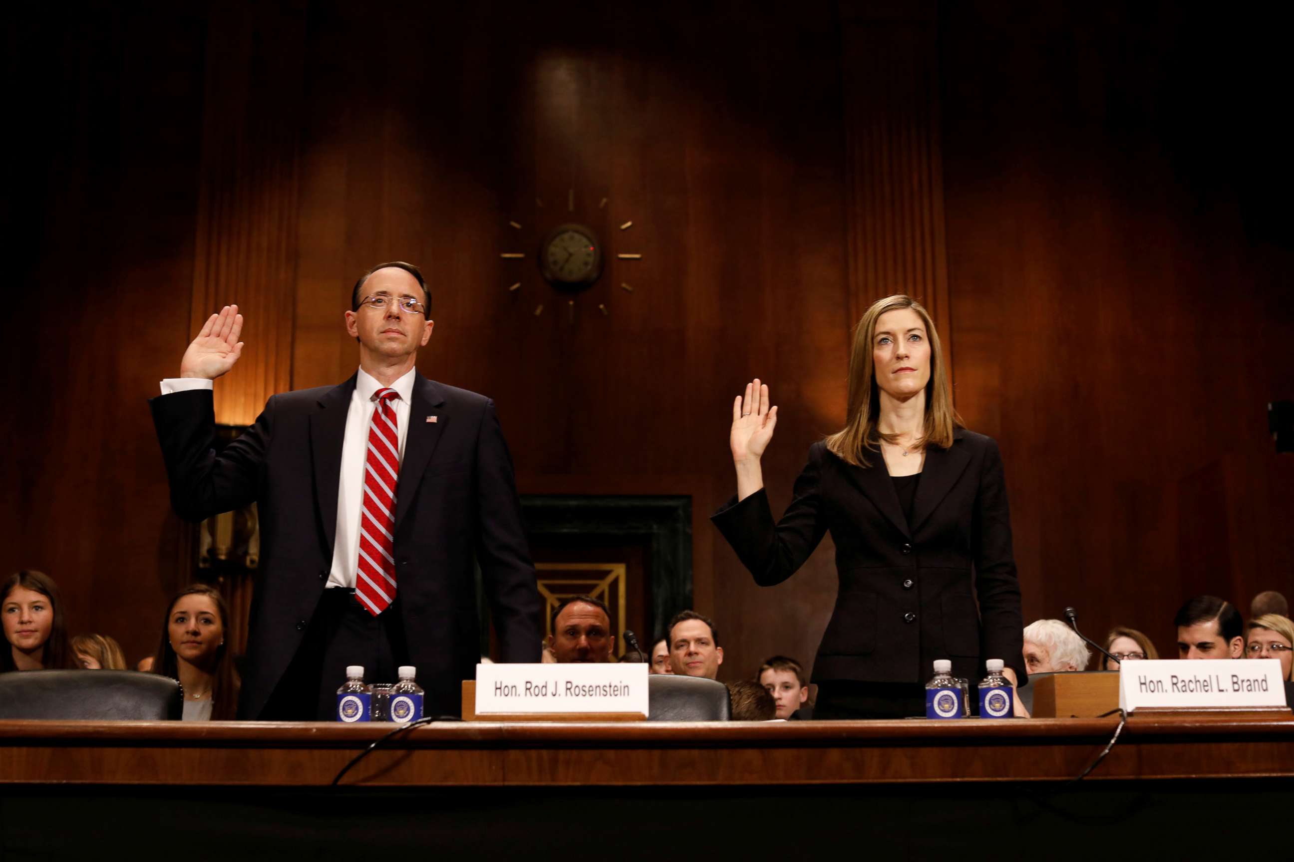 PHOTO: Rod Rosenstein, nominee to be Deputy Attorney General, and Rachel Brand, nominee for Associate Attorney General, are sworn before the Senate Judiciary Committee on Capitol Hill, in Washington, March 7, 2017.